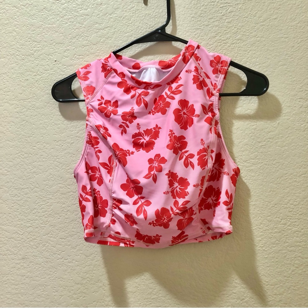 SHEIN Pink Crop Swim Top with Red Floral Print 2 piece set